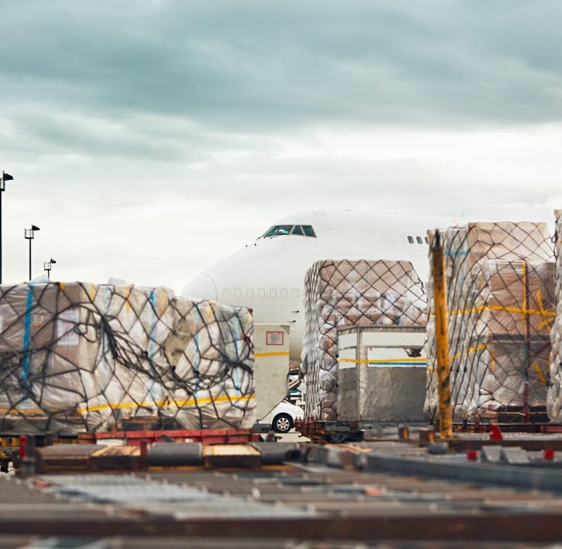 Everyday life at the international airport. Loading of the cargo airplane.